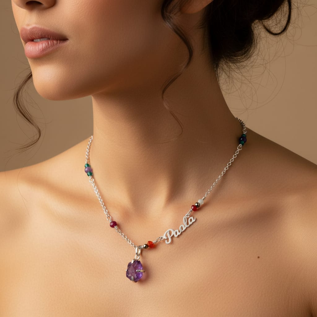 COLLAR CON NOMBRE Y MULTIPLES PIEDRAS NATURALES